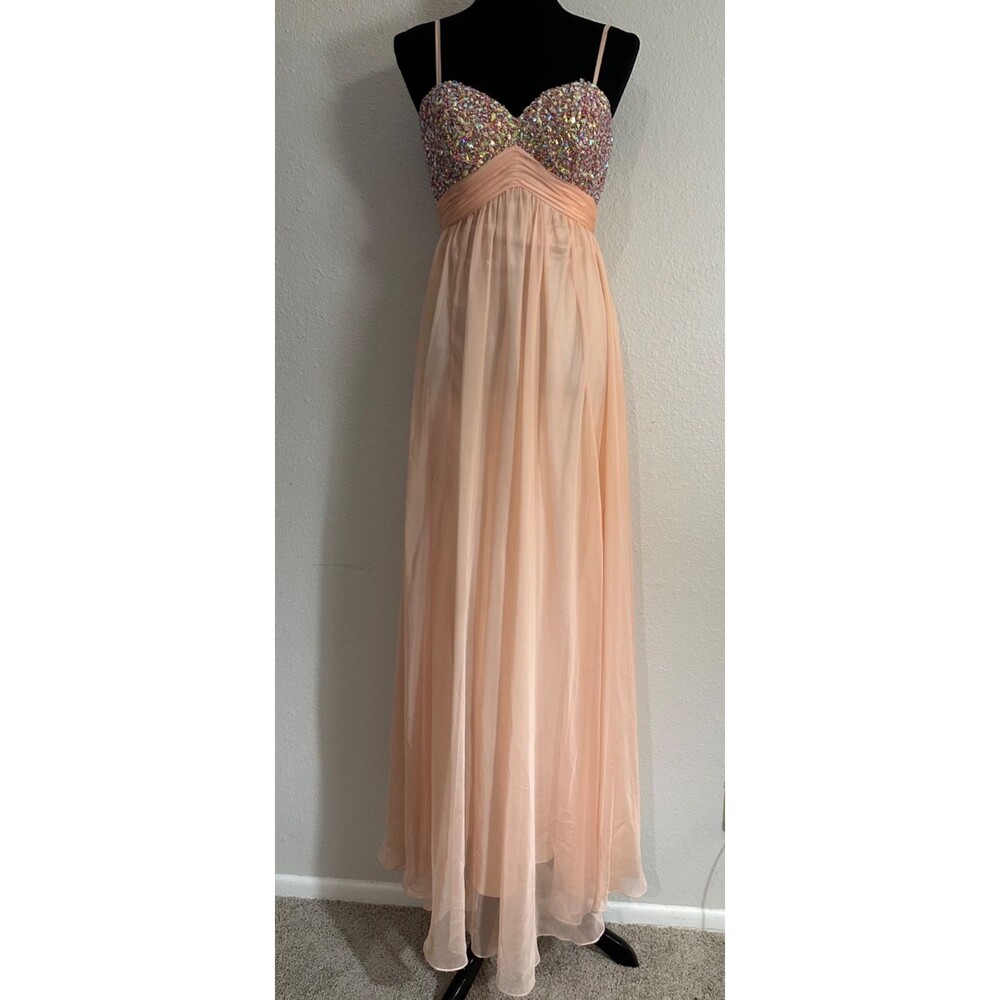 Dave & Johnny Prom Gown Dress Size 1/2 Peach Pink Beaded Rhinestone Chiffon Flaw